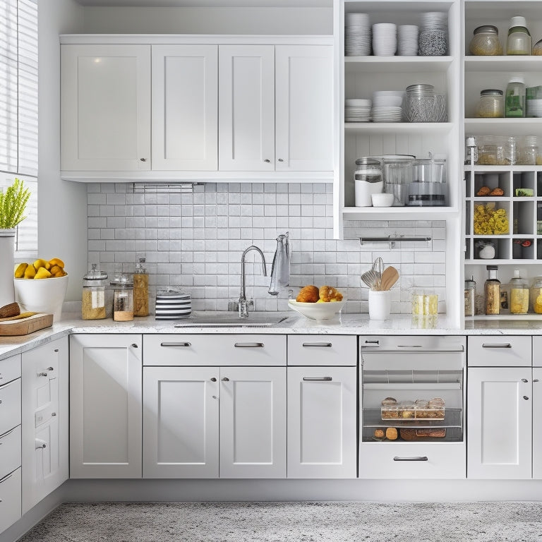 A bright, modern kitchen with sleek white cabinets, featuring a pull-out spice rack with small, round glass jars, a rotating utensil carousel, and a slide-out trash can with a chrome handle.