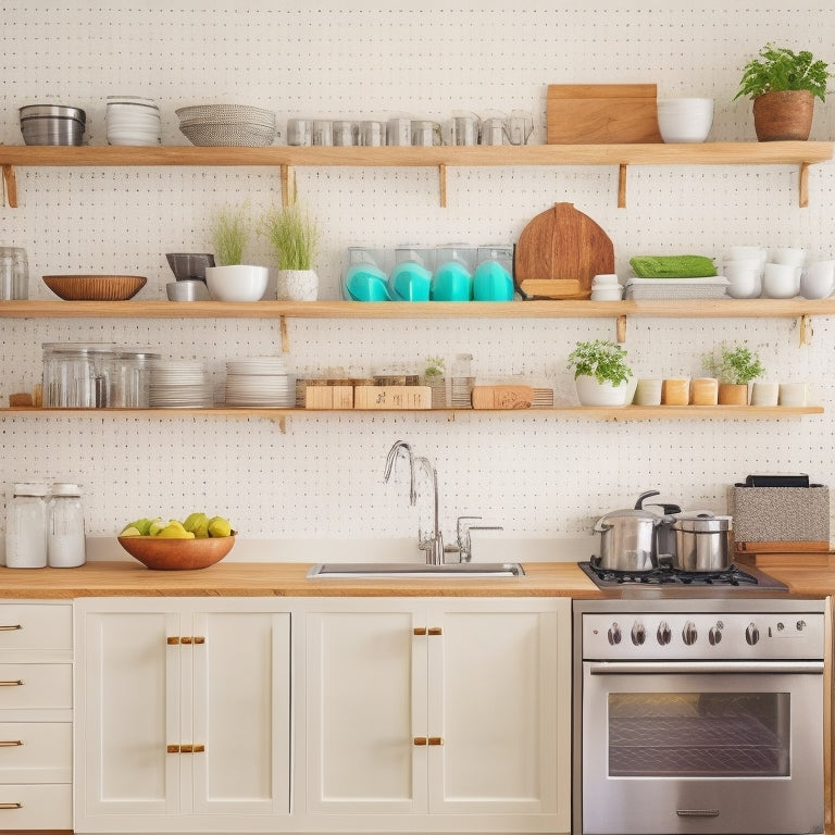 A bright, modern kitchen with sleek white cabinets, warm wooden countertops, and stainless steel appliances, showcasing a pegboard with hanging utensils, a pull-out spice rack, and a carousel corner shelf.