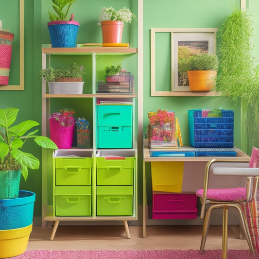 A vibrant and tidy home office with rainbow-hued labels on storage bins, file folders, and shelves, surrounded by lush green plants and a few scattered colorful pens.