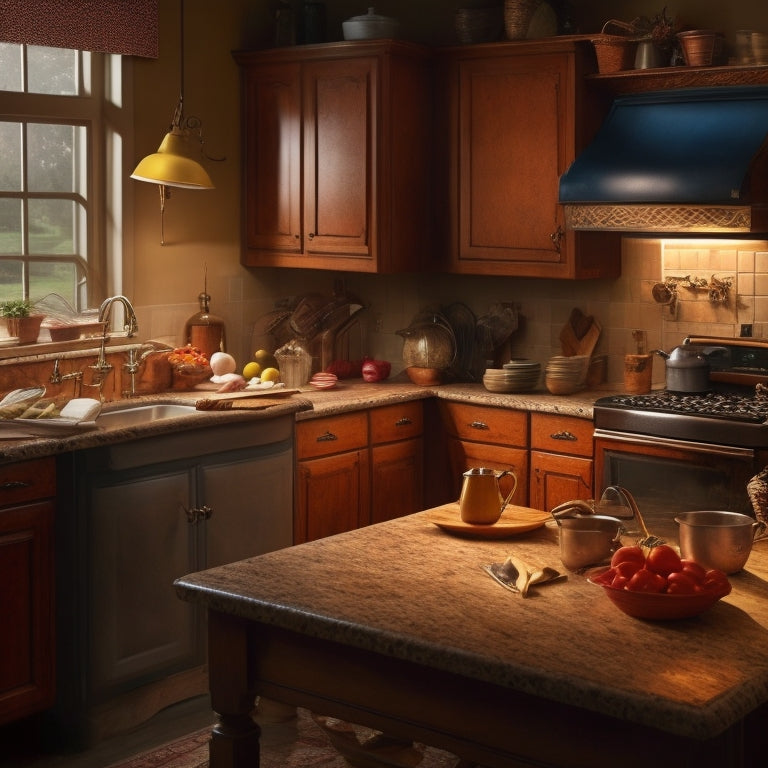 A dimly lit kitchen with warm, golden lighting, cluttered countertops, and messy cabinetry, featuring a few visible crumbs, spills, and stains, with subtle shadows hinting at hidden dirt and grime.