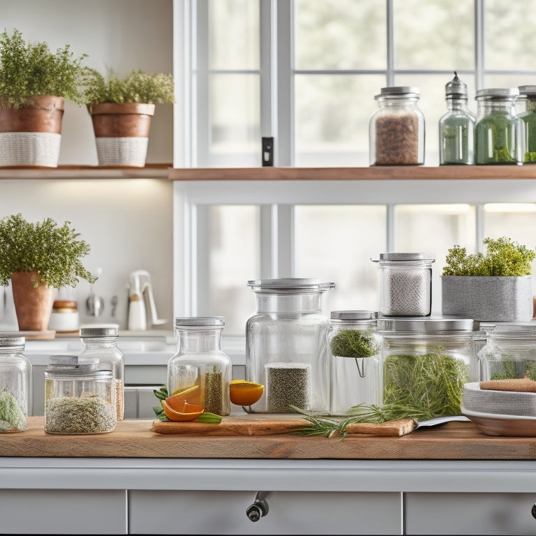 A bright and organized kitchen with a stainless steel countertop, featuring multiple glass jars with decorative lids, placed on a wooden shelf, surrounded by fresh greenery and a few kitchen utensils.