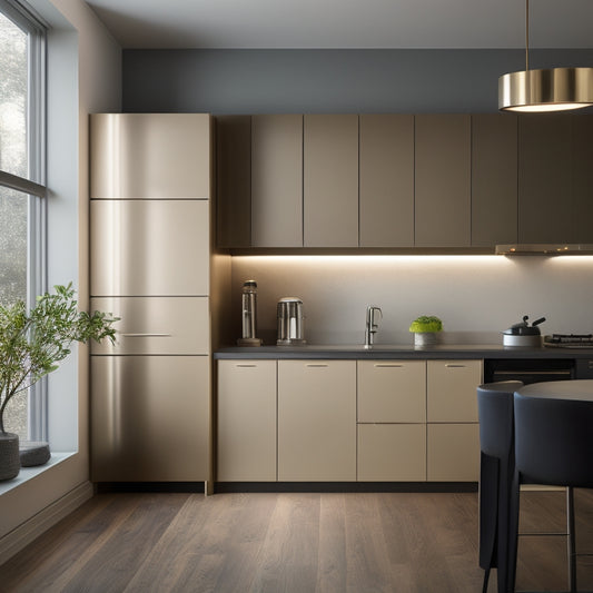 A modern, sleek kitchen with a slim, wall-mounted cabinet in a metallic finish, featuring retractable shelves and a minimalist door handle, surrounded by ample negative space and soft, warm lighting.