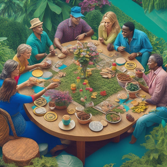 A vibrant illustration of a diverse group of people gathered around a large, overflowing community table, surrounded by lush greenery, with coins and puzzle pieces scattered throughout.