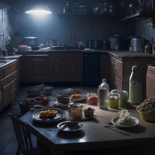 A dimly lit kitchen with cluttered countertops, dirty dishes, and expired food cans, featuring a cockroach scurrying across the floor amidst crumbs and dust bunnies in the corner shadows.