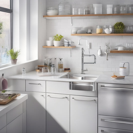 A bright, modern kitchen with a sleek, white sink and faucet, surrounded by gleaming chrome pipes, featuring a sliding drawer and adjustable shelves under the sink, filled with neatly organized cleaning supplies and utensils.