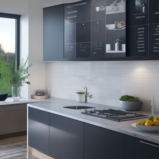 A modern kitchen with a large, wall-mounted digital display showing a calendar, to-do list, and recipe book, surrounded by sleek, minimalist cabinets and countertops.