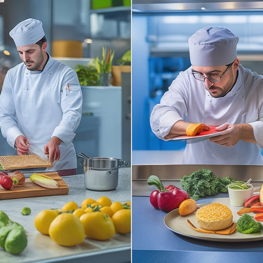A split-screen image featuring a bustling commercial kitchen with a chef in a white hat and gloves inspecting a tray of fresh produce, alongside a clipboard with a checklist and a microscope examining a food sample.