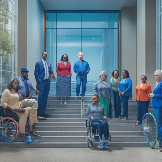 An illustration of a diverse group of people, including those with disabilities, gathered around a building with ramps, elevators, and wide doorways, surrounded by accessibility symbols and subtle hints of blueprints.