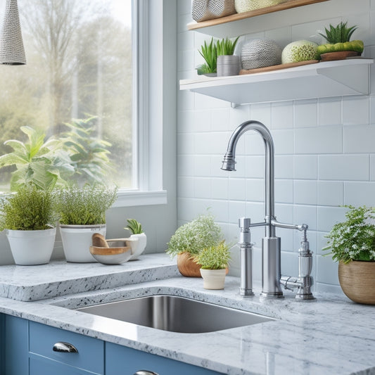 A bright, modern kitchen sink area with a stainless steel sink, white quartz countertops, and a wall-mounted faucet, featuring a tiered sink organizer, a soap dispenser, and a few decorative plants.