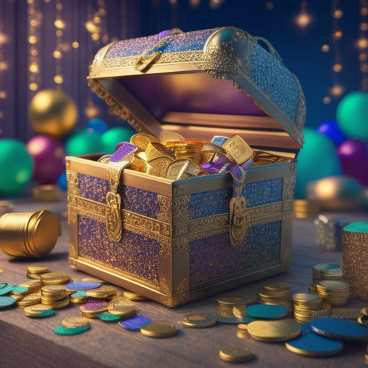 A vibrant, 3D illustration of a treasure chest overflowing with Amazon boxes, surrounded by golden coins and confetti, with a few boxes open, revealing discounted price tags.