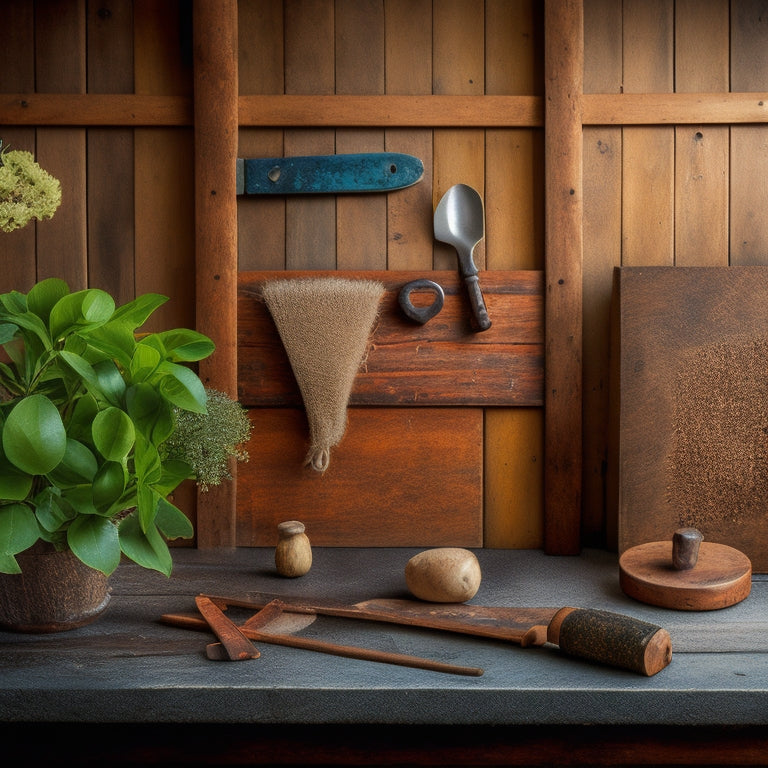 A rustic wooden sign with a distressed finish, adorned with a vintage hammer, a sprig of fresh eucalyptus, and a few scattered woodworking tools, set against a warm, neutral-colored background.