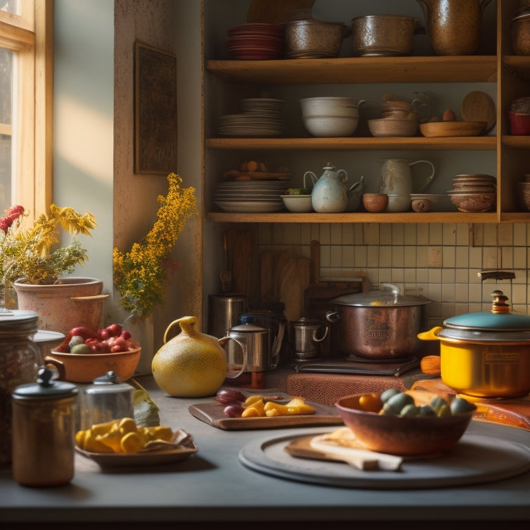 A cluttered kitchen with open shelves, stacked haphazardly with cookbooks, vintage kitchenware, and colorful ceramics, surrounded by scattered recipe notes and crumbs, amidst a warm, golden lighting.