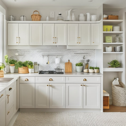 A tidy, L-shaped kitchen with creamy white cabinets, a stainless steel sink, and a few strategically placed shelves, showcasing a utensil organizer, a tiered spice rack, and a pull-out trash can.