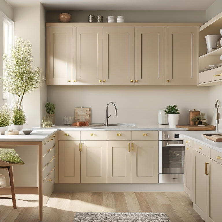 A modern kitchen with sleek, handle-free cabinets, a wall-mounted utensil organizer, a pull-out pantry, and a built-in trash can, all in a calming, neutral color scheme with plenty of natural light.