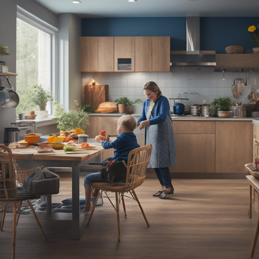 An open-plan kitchen with a mother preparing a meal while her children, one in a wheelchair, watch from a safe distance, surrounded by allergy-friendly appliances and utensils.