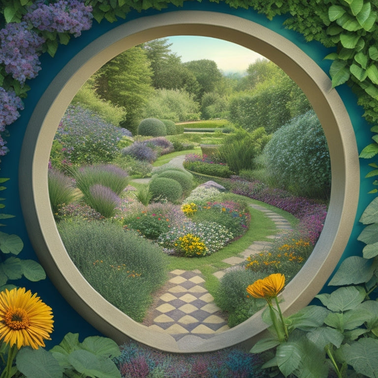 An illustration of a serene garden with a meandering path, surrounded by lush greenery and vibrant flowers, featuring a geometric-patterned trellis, a recycling bin, and a subtle Fibonacci spiral in the background.