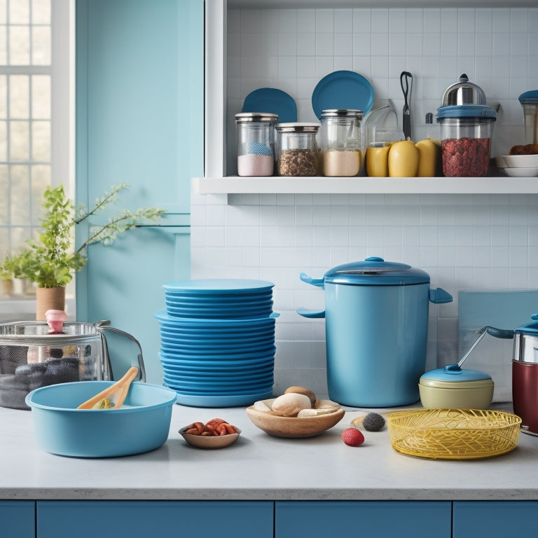 A clutter-free kitchen counter with five lid racks of varying sizes, each filled with neatly stacked lids, arranged in a harmonious and functional composition alongside a few strategically placed kitchen utensils.