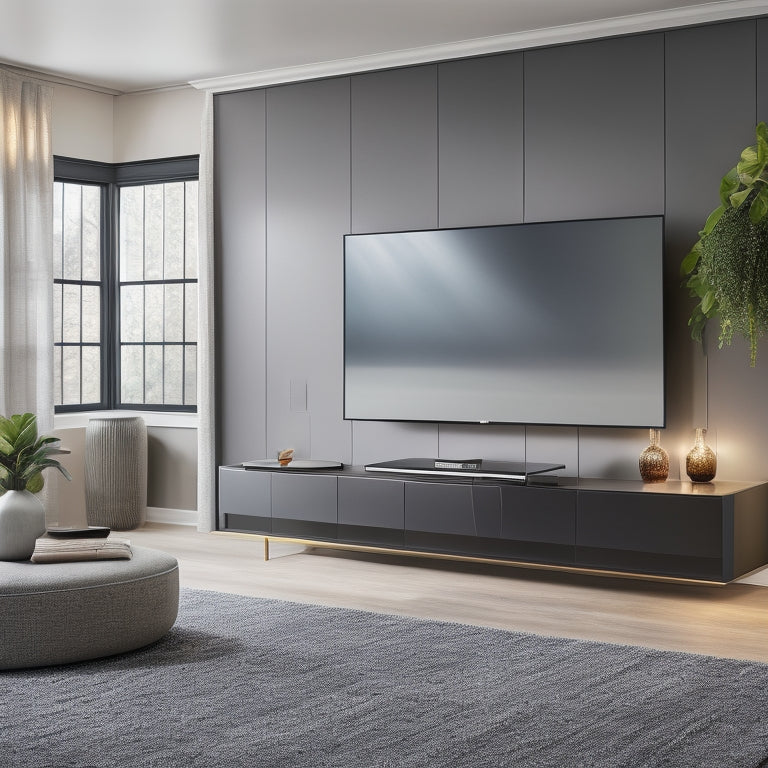 A modern living room with a sleek, wall-mounted Blaze storage module, surrounded by upgraded features: a large, curved smart TV, a soundbar, and a minimalist floating shelf with decorative vases.