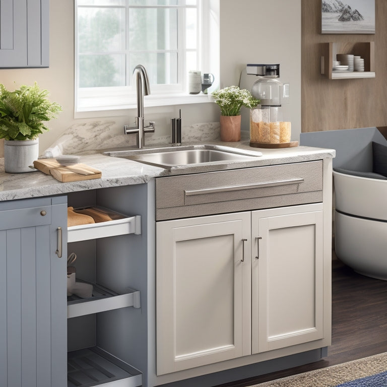 A modern kitchen sink cabinet with soft-close drawers, a slide-out trash can, and a built-in soap dispenser, surrounded by sleek countertops and stainless steel appliances.