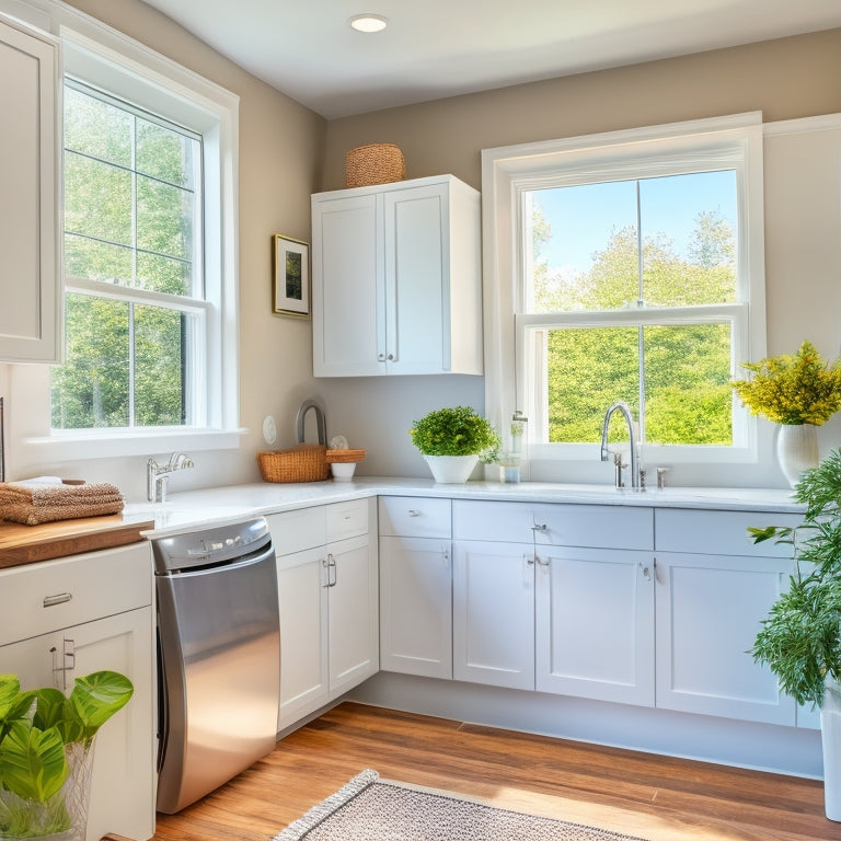 A bright, modern laundry room with sleek white cabinets, stainless steel appliances, and a large window letting in natural light, surrounded by inspirational home decor magazines and DIY tools.