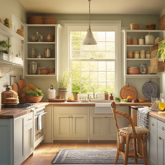 A tidy kitchen with a mix of closed cabinets, open shelves, and a large island, featuring a utensil organizer, a spice rack, and a few strategically placed baskets, surrounded by natural light.