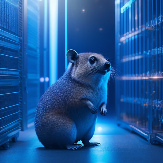 A futuristic, minimalist illustration of a stylized hyrax (rodent-like creature) standing in front of a sleek, silver server rack with glowing blue lights and wires, surrounded by subtle coding patterns in the background.