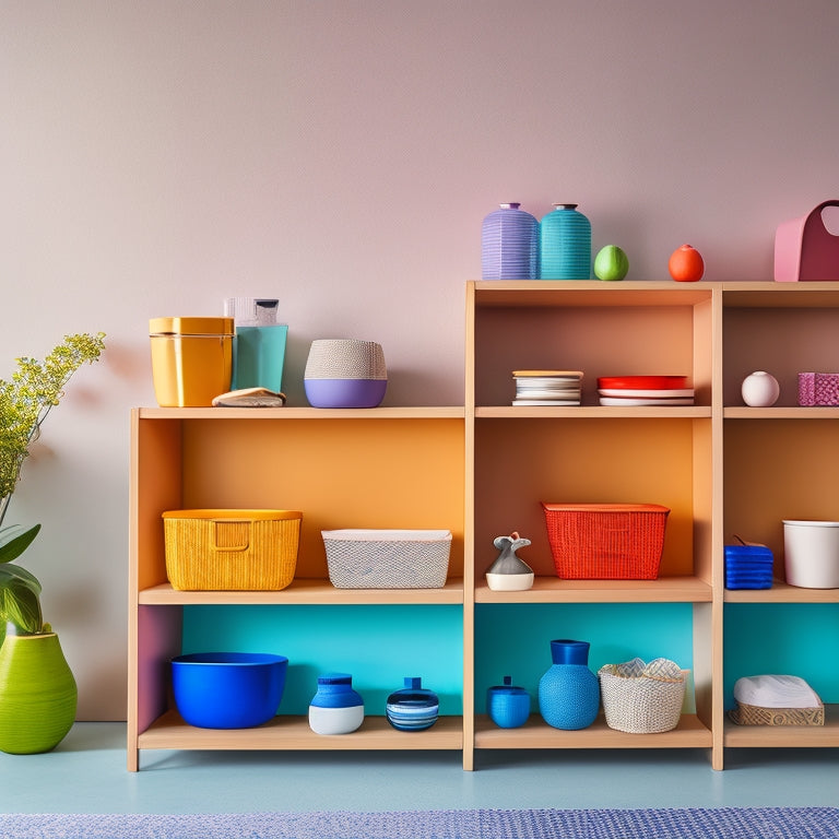 A clutter-free, minimalist background with a curated collection of 7-10 colorful, sleek, and modern storage bins, baskets, and shelves, arranged harmoniously on a wooden shelf or console table.