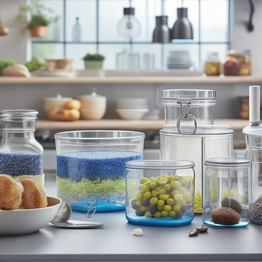 A tidy kitchen countertop with a mix of transparent glass and opaque plastic containers in various shapes and sizes, arranged by category, with utensils and ingredients peeking out.