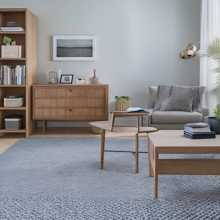 A clutter-free living room with a minimalist desk, featuring a sleek wooden organizer with built-in USB ports, surrounded by stylish storage bins, baskets, and a geometric-patterned rug.
