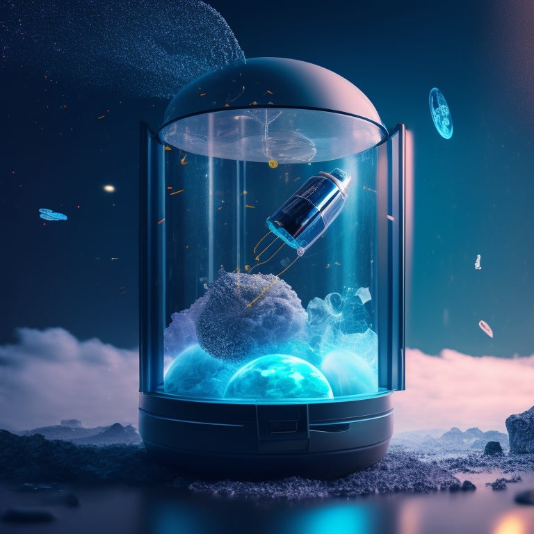 A futuristic, high-contrast illustration featuring a large, transparent recycling bin with various materials (plastics, metals, glass, paper) suspended in mid-air, surrounded by swirling particles and futuristic machinery.