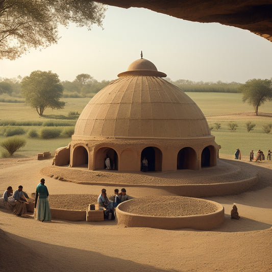 A serene, sun-kissed landscape featuring a majestic, curved mud dome structure with intricate patterns, surrounded by lush greenery and a few people working together in the background, amidst scattered mud bricks.