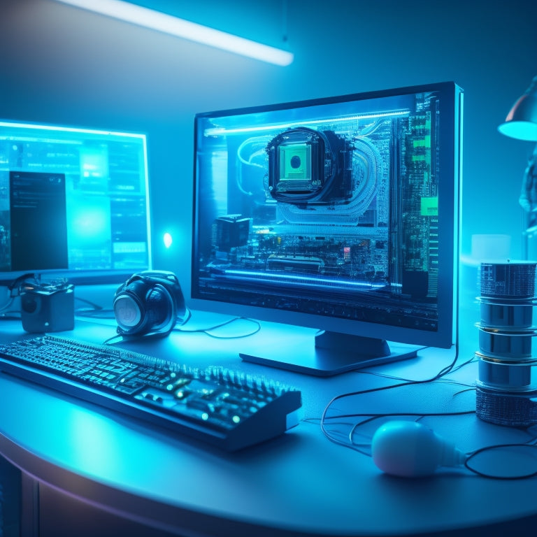 A futuristic desktop with a computer, wires, and circuit boards scattered around, surrounded by a halo of light, with a subtle gradient of blue and green, conveying a sense of expertise and mastery.