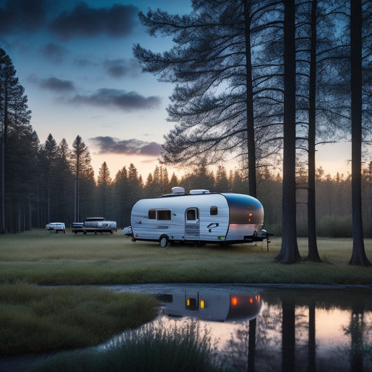 A serene forest landscape at dusk, with a sleek, silver Aurora 16RBX travel trailer nestled among towering trees, its reflective surfaces mirroring the vibrant hues of the fading sky.