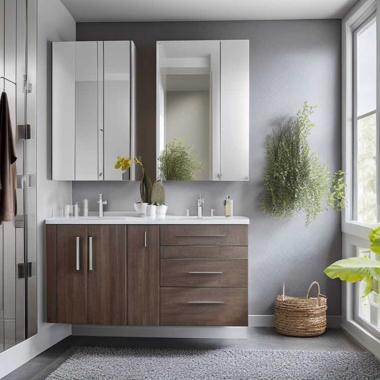 A sleek, modern bathroom with a wall-mounted cabinet featuring soft-close drawers, a recessed medicine cabinet with mirrored doors, and a freestanding storage unit with woven baskets and a polished chrome handle.