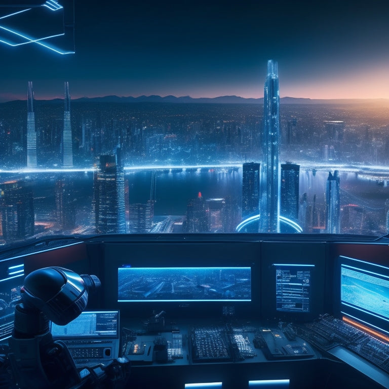 A futuristic, high-tech scene with a cityscape in the background, featuring a giant, glowing deals dashboard with flashing lights, surrounded by wires, circuits, and robotic arms grasping discounts.