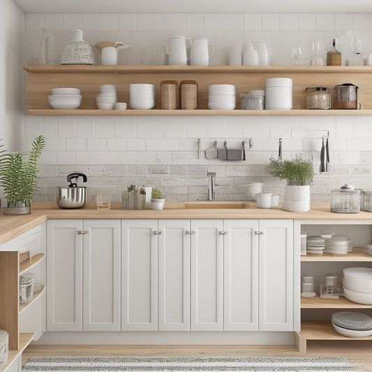 A clutter-free, L-shaped kitchen countertop with a mix of closed and open storage units, including a utensil organizer, a spice rack, and a tiered shelf, in a modern, white-and-wood aesthetic.