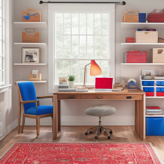 A clutter-free home office with a wooden desk, featuring a red, white, and blue color scheme, showcasing various American-made organizing products, including a file organizer, desk tray, and storage bins.