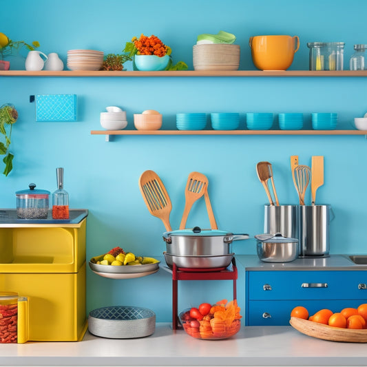 A bright, modern kitchen with five distinct zones, each featuring a different organizer: a utensil carousel, a spice rack, a knife block, a pot lid holder, and a pull-out trash can.