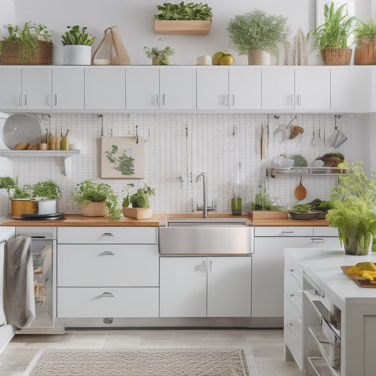 A bright, modern kitchen with sleek white cabinets, a stainless steel island, and a pegboard with neatly organized utensils, baskets, and cookbooks, surrounded by a few strategically placed potted plants.