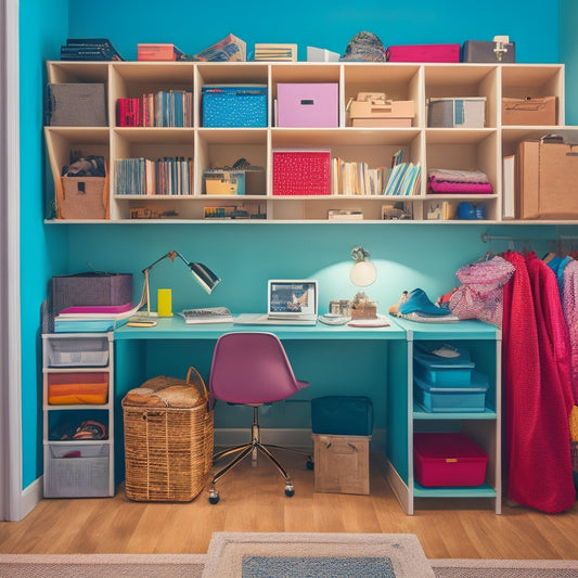 A clutter-free dorm room with a compact desk organizer, stackable plastic bins, and a hanging shoe organizer on the back of a door, surrounded by neatly arranged books and laptops.