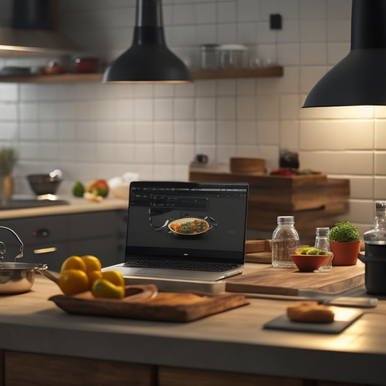 A modern kitchen with a laptop and cooking utensils on the counter, a chef's hat and apron hung on the wall, and a blurred background of various kitchen tasks being performed, with a subtle glow emanating from the laptop screen.