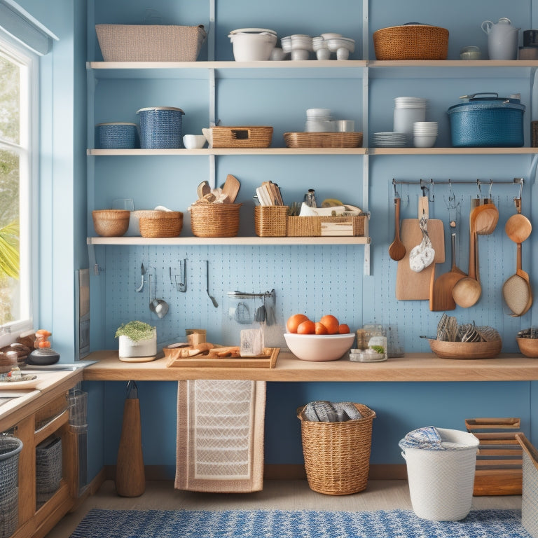 A bright, organized kitchen with a tidy island, labeled baskets on open shelves, and a pegboard with hooks holding utensils, against a calming blue-gray background with warm natural light.