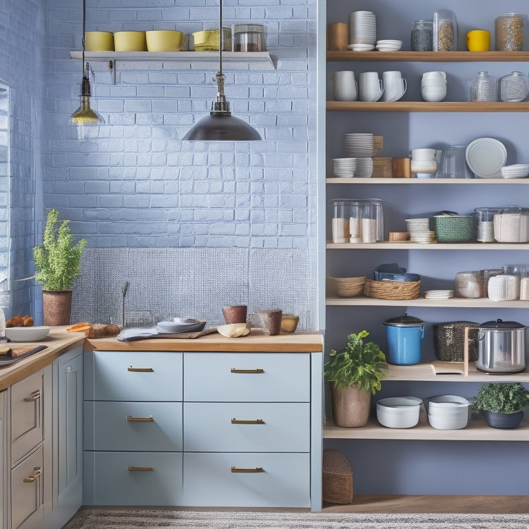 A bright, modern kitchen with floor-to-ceiling cabinets, open shelving, and a pegboard on the back of a door, showcasing a mix of cookbooks, utensils, and decorative items.