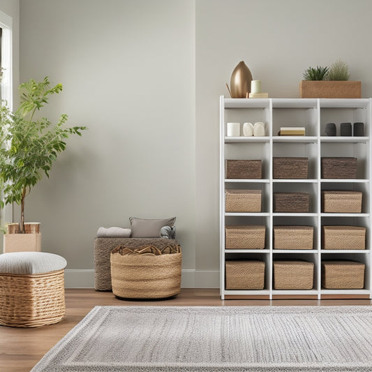A serene, minimalist living room with a few, carefully selected organizing essentials: a woven storage basket, a sleek shelving unit, and a set of matching, labeled storage bins.