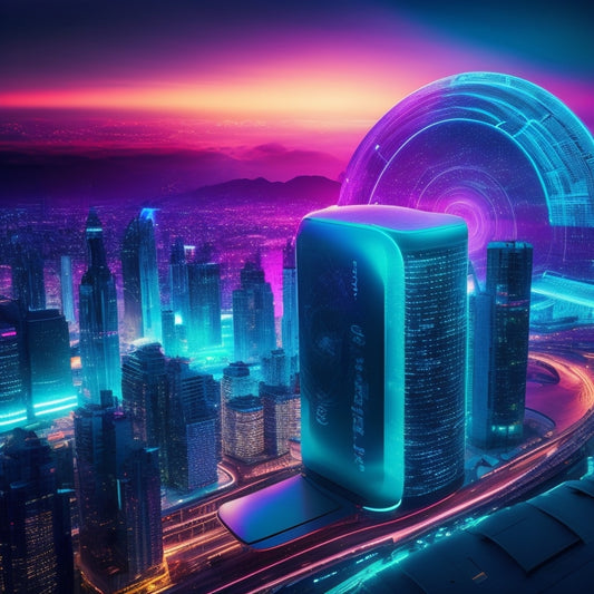 A futuristic, neon-lit cityscape at dusk, with sleek skyscrapers and holographic advertisements, featuring a giant smartphone screen showcasing multiple app icons in motion, surrounded by swirling code and circuitry patterns.