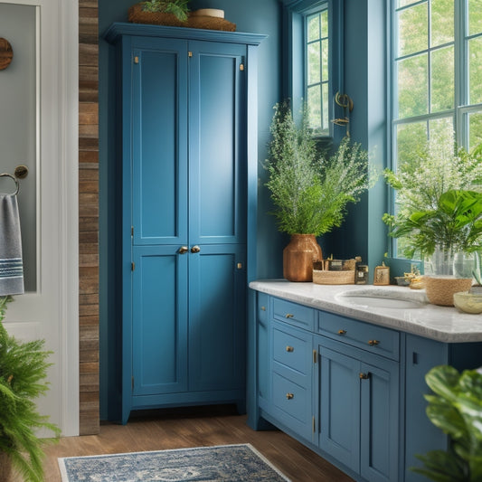 A beautifully styled bathroom with a sleek, DIY linen cabinet featuring glass doors, adorned with ornate metal hardware, standing against a soft, gray-blue wall, surrounded by lush greenery.