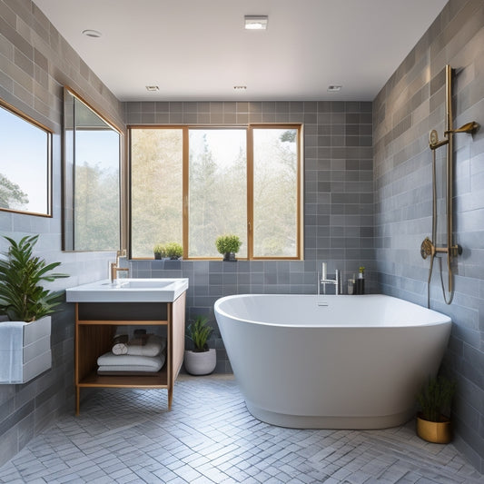 A modern bathroom featuring a freestanding tub, surrounded by large format tiles, a rainfall showerhead, and a sleek, wall-mounted vanity with a unique, geometric-shaped mirror above.
