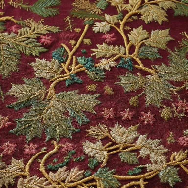 A vibrant, intricately embroidered fabric featuring a mix of festive motifs, including snowflakes, holly leaves, and berries, surrounded by delicate vines and swirls in shades of red, green, and gold.