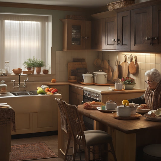 A warm, well-lit kitchen with a few, carefully selected appliances and utensils, featuring a senior citizen preparing a simple meal, surrounded by minimal clutter and ample counter space.