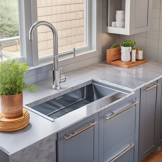 A sleek, modern kitchen sink area with a Rev-A-Shelf Under Sink Organizer installed, featuring two pull-out drawers and a chrome handle, surrounded by clean countertops and a subtle gray backsplash.